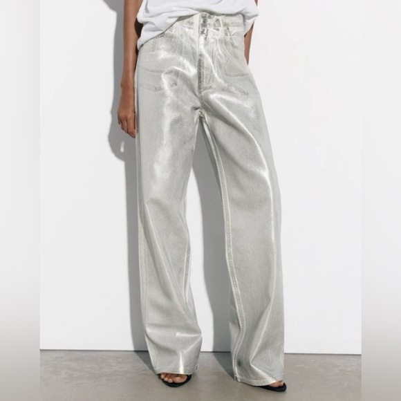 Zara Denim - Zara NWT silver coated metallic Jean pants , with distressing at legs size 4